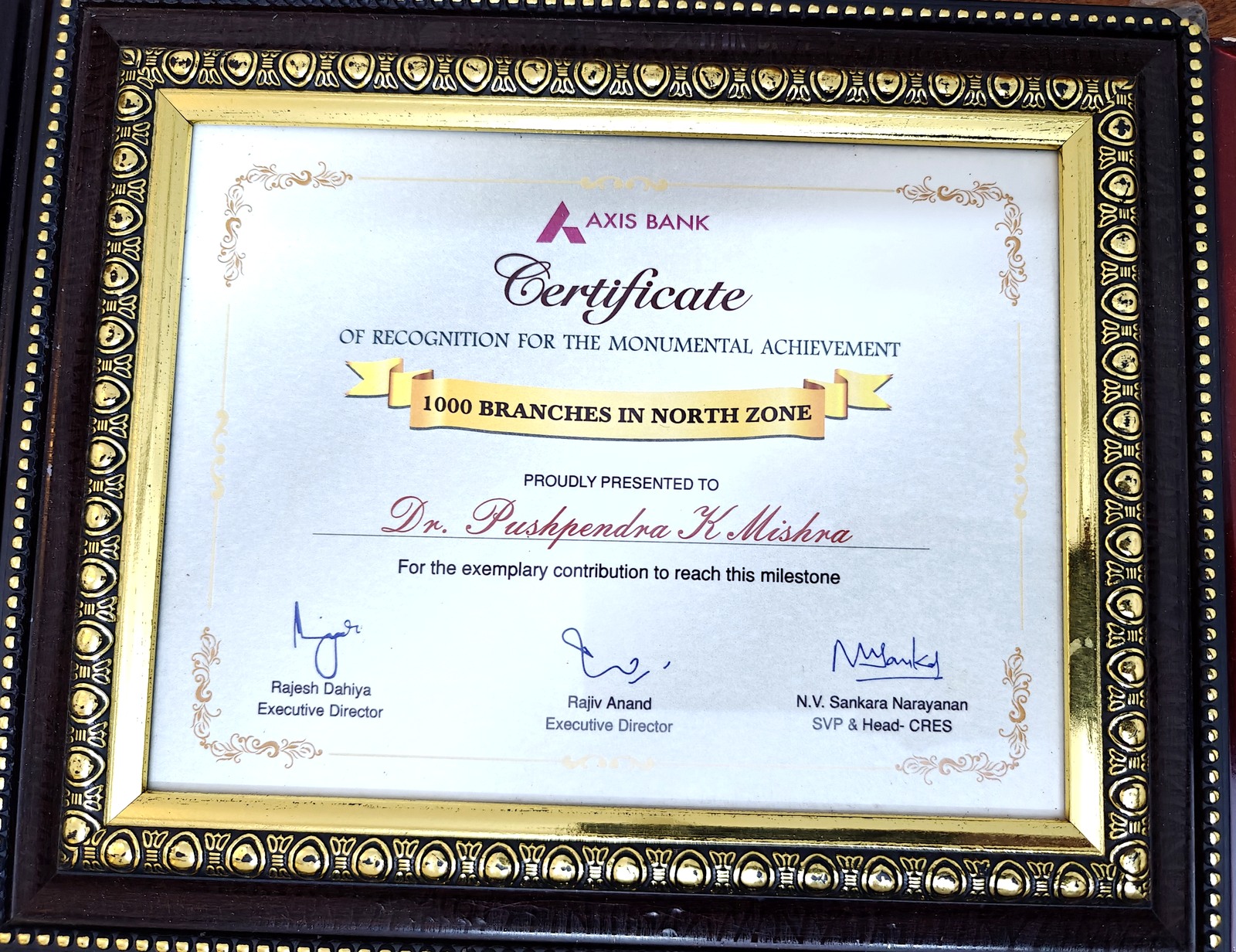 Certificate of Recognition — 1000 Branches in North Zone, Axis Bank