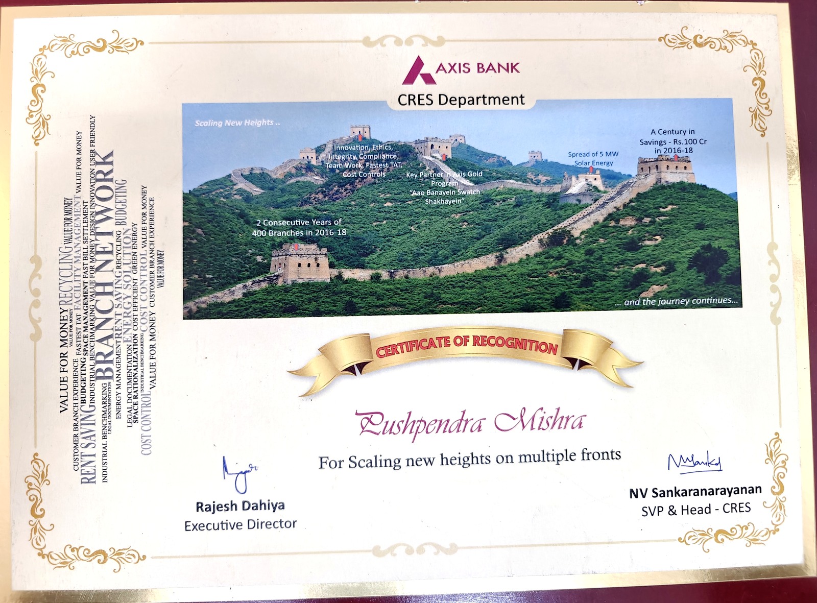 Certificate of Recognition — Branch Network, Axis Bank CRES Department